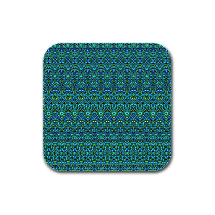 Boho Teal Green Blue Pattern Rubber Square Coaster (4 pack) 