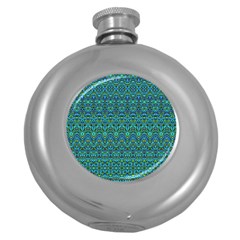 Boho Teal Green Blue Pattern Round Hip Flask (5 Oz) by SpinnyChairDesigns