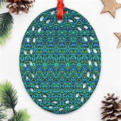 Boho Teal Green Blue Pattern Ornament (oval Filigree) by SpinnyChairDesigns