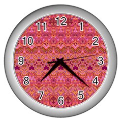 Boho Pink Pattern Wall Clock (silver) by SpinnyChairDesigns