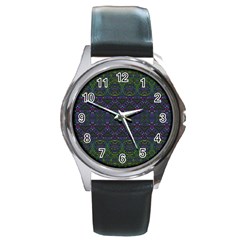 Boho Purple Green Pattern Round Metal Watch