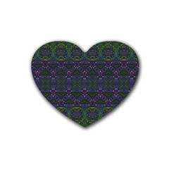 Boho Purple Green Pattern Rubber Coaster (heart)  by SpinnyChairDesigns