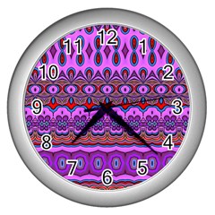 Boho Magenta Pattern Wall Clock (silver) by SpinnyChairDesigns