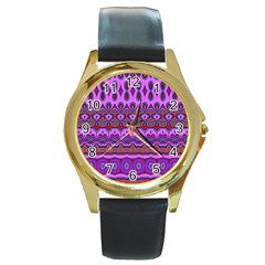 Boho Magenta Pattern Round Gold Metal Watch by SpinnyChairDesigns