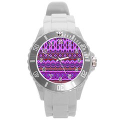 Boho Magenta Pattern Round Plastic Sport Watch (l) by SpinnyChairDesigns