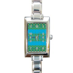 Boho Blue Green Pattern Rectangle Italian Charm Watch by SpinnyChairDesigns