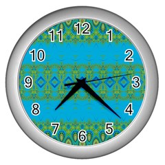 Boho Blue Green Pattern Wall Clock (silver) by SpinnyChairDesigns