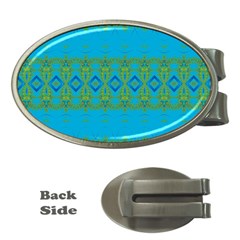 Boho Blue Green Pattern Money Clips (oval)  by SpinnyChairDesigns