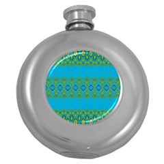 Boho Blue Green Pattern Round Hip Flask (5 Oz) by SpinnyChairDesigns