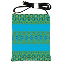 Boho Blue Green Pattern Shoulder Sling Bag by SpinnyChairDesigns