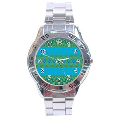 Boho Blue Green Pattern Stainless Steel Analogue Watch by SpinnyChairDesigns