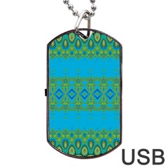 Boho Blue Green Pattern Dog Tag Usb Flash (one Side) by SpinnyChairDesigns