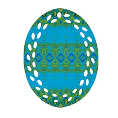 Boho Blue Green Pattern Ornament (oval Filigree) by SpinnyChairDesigns