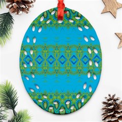 Boho Blue Green Pattern Oval Filigree Ornament (two Sides) by SpinnyChairDesigns