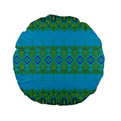 Boho Blue Green Pattern Standard 15  Premium Round Cushions by SpinnyChairDesigns