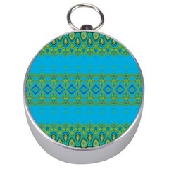 Boho Blue Green Pattern Silver Compasses by SpinnyChairDesigns