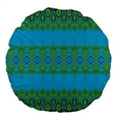 Boho Blue Green Pattern Large 18  Premium Flano Round Cushions by SpinnyChairDesigns