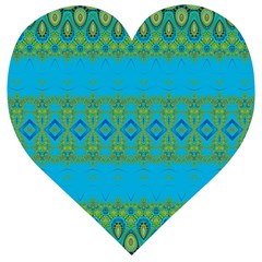 Boho Blue Green Pattern Wooden Puzzle Heart by SpinnyChairDesigns