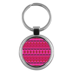 Boho Bright Pink Floral Key Chain (round) by SpinnyChairDesigns