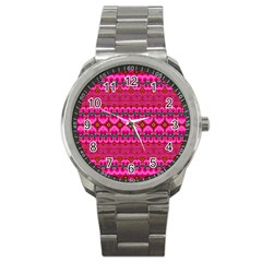 Boho Bright Pink Floral Sport Metal Watch by SpinnyChairDesigns