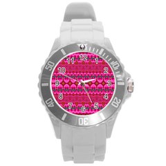 Boho Bright Pink Floral Round Plastic Sport Watch (l) by SpinnyChairDesigns