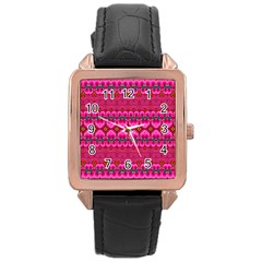 Boho Bright Pink Floral Rose Gold Leather Watch  by SpinnyChairDesigns