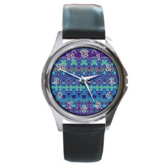 Boho Purple Blue Teal Floral Round Metal Watch