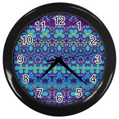 Boho Purple Blue Teal Floral Wall Clock (black) by SpinnyChairDesigns