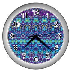 Boho Purple Blue Teal Floral Wall Clock (silver) by SpinnyChairDesigns