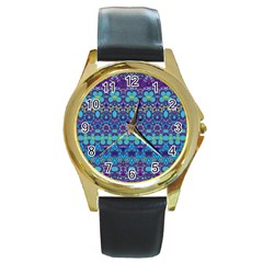 Boho Purple Blue Teal Floral Round Gold Metal Watch by SpinnyChairDesigns