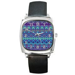 Boho Purple Blue Teal Floral Square Metal Watch by SpinnyChairDesigns