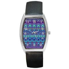 Boho Purple Blue Teal Floral Barrel Style Metal Watch by SpinnyChairDesigns