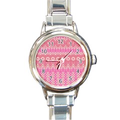 Boho Pink Floral Pattern Round Italian Charm Watch by SpinnyChairDesigns