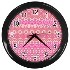 Boho Pink Floral Pattern Wall Clock (black) by SpinnyChairDesigns