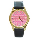 Boho Pink Floral Pattern Round Gold Metal Watch Front