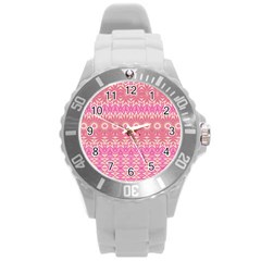 Boho Pink Floral Pattern Round Plastic Sport Watch (l) by SpinnyChairDesigns