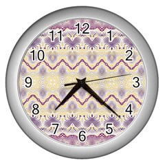 Boho Violet Yellow Wall Clock (silver) by SpinnyChairDesigns