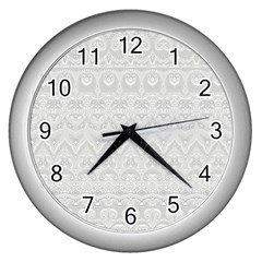 Boho White Wedding Lace Pattern Wall Clock (silver) by SpinnyChairDesigns