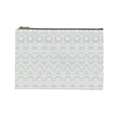 Boho White Wedding Lace Pattern Cosmetic Bag (large) by SpinnyChairDesigns