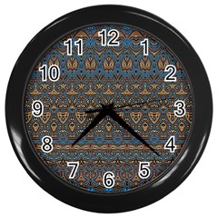 Boho Blue Gold Pattern Wall Clock (black) by SpinnyChairDesigns