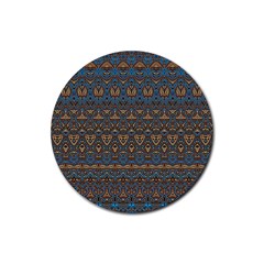 Boho Blue Gold Pattern Rubber Round Coaster (4 Pack)  by SpinnyChairDesigns