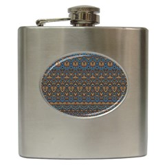 Boho Blue Gold Pattern Hip Flask (6 Oz) by SpinnyChairDesigns