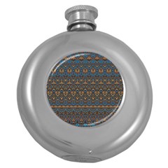 Boho Blue Gold Pattern Round Hip Flask (5 Oz) by SpinnyChairDesigns