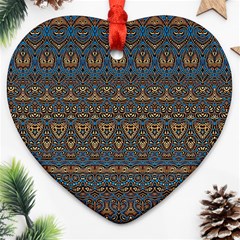 Boho Blue Gold Pattern Heart Ornament (two Sides) by SpinnyChairDesigns