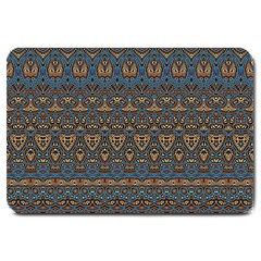 Boho Blue Gold Pattern Large Doormat  by SpinnyChairDesigns