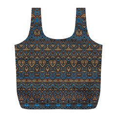 Boho Blue Gold Pattern Full Print Recycle Bag (l) by SpinnyChairDesigns