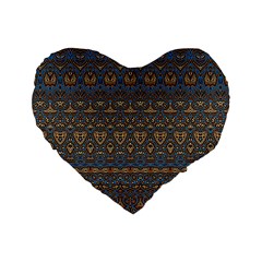 Boho Blue Gold Pattern Standard 16  Premium Flano Heart Shape Cushions by SpinnyChairDesigns