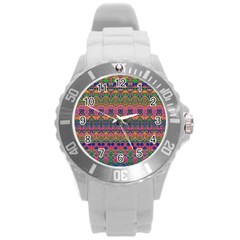 Boho Colorful Pattern Round Plastic Sport Watch (l) by SpinnyChairDesigns