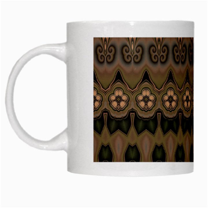 Boho Green Brown Pattern White Mugs