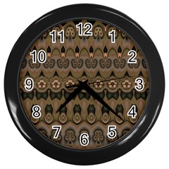 Boho Green Brown Pattern Wall Clock (black) by SpinnyChairDesigns